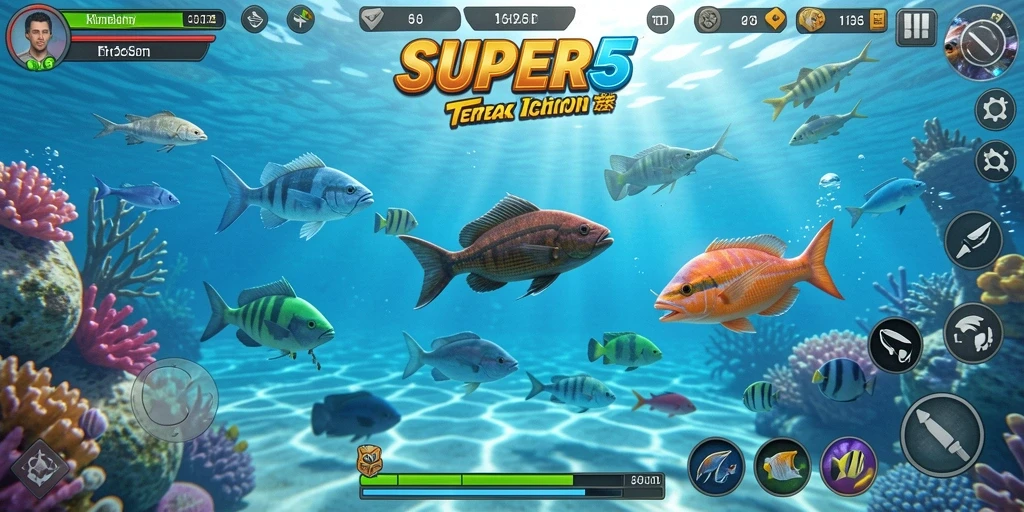 Tampilan gameplay SUPER5 yang menampilkan aksi menembak ikan.